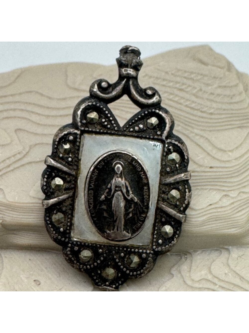 Miraculous Mother Mary Madonna Marcasite Pendant Necklace Theda Sterling Silver